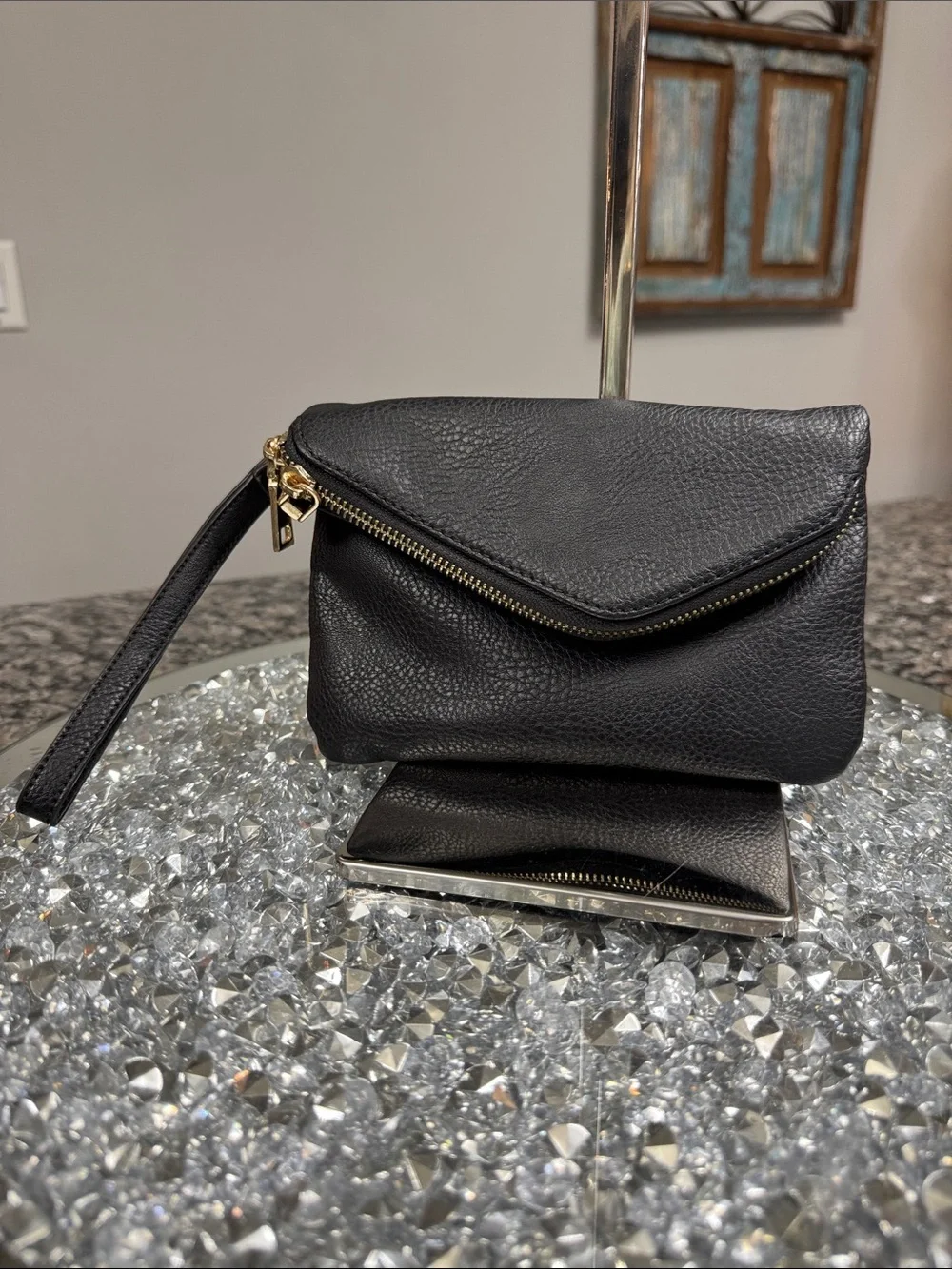 Urban Expressions Black Leather Wristlet Clutch with Gold Hardware EUC